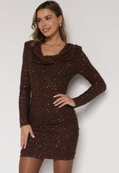 Brązowa Dopasowana Sukienka Wieczorowa z Lejącym Dekoltem i Cekinami Siwedea. Brązowe sukienki damskie Born2be, na imprezę, l, z aplikacjami, z poliesteru, eleganckie, bez kołnierzyka, bez ramiączek, dopasowane. Za 209.99 zł.