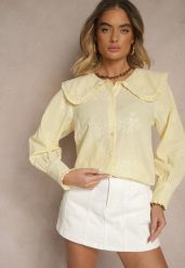 Żółta Koszula z Bawełną Ozdobiona Kołnierzykiem Natulissa. Żółte koszule damskie Renee, l, bez wzorów, z bawełny, eleganckie, bez kołnierzyka, bez ramiączek. Za 89.99 zł.