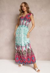 Miętowo-Fuksjowa Sukienka Maxi w Stylu Boho z Gumką w Pasie Bernette. Zielone sukienki damskie Renee, l, bez wzorów, boho, bez kołnierzyka, bez ramiączek, maxi. Za 54.99 zł.
