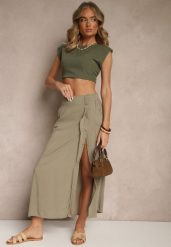 Zielona Rozkloszowana Spódnica z Wiskozy z Kieszeniami Galmira. Zielone spódnice damskie Renee, na co dzień, l, bez wzorów, z materiału, eleganckie, midi, rozkloszowane. Za 54.99 zł.