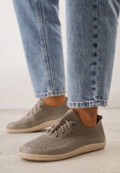 Szare Skórzane Tenisówki z Ażurową Cholewką Nesseli. Szare trampki i tenisówki damskie Born2be, w ażurowe wzory, z jeansu, bez zapięcia. Za 209.99 zł.