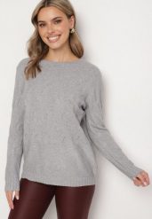 Szary Sweter z Bawełną i Wiskozą Ozdobiony Tłoczeniem Zeialda. Szare swetry nierozpinane damskie Born2be, l, z aplikacjami, z bawełny, biznesowe, bez kołnierzyka, bez ramiączek. Za 54.99 zł.