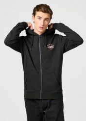 WRANGLER MĘSKA BLUZA WRANGLER GRAPHIC ZIP HOODIE FADED BLACK 112362888. Czarne bluzy męskie Wrangler, l, bez wzorów, bez kaptura. Za 159.99 zł.