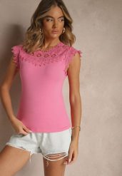 Różowy Bawełniany Top z Koronkowymi Wstawkami Lirumina. Czerwone topy damskie Renee, m, bez wzorów, z bawełny, eleganckie, bez kołnierzyka, bez ramiączek. Za 39.99 zł.