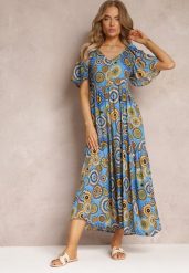 Niebieska Wiskozowa Sukienka Maxi w Kwiaty z Rozkloszowanym Dołem i Falbanką Pathna. Niebieskie sukienki damskie Renee, na co dzień, s, bez wzorów, z wiskozy, bez kołnierzyka, bez ramiączek, maxi, rozkloszowane. Za 54.99 zł.