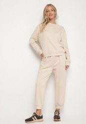 Beżowy Komplet Dresowy z Bawełną Bluza i Spodnie Joggery Ette. Brązowe bluzy damskie Born2be, l, bez wzorów, z bawełny, eleganckie, bez ramiączek, bez kaptura. Za 119.99 zł.
