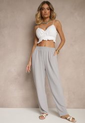 Szare Spodnie z Bawełną o Szerokim Kroju High Waist Fanelithia. Szare spodnie materiałowe damskie Renee, bez wzorów, z bawełny, z podwyższonym stanem. Za 39.99 zł.
