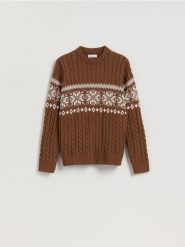 Sweter z warkoczowym splotem - brązowy. Brązowe swetry męskie Reserved, l, bez wzorów, z bawełny, bez kołnierzyka, bez ramiączek. Za 149.99 zł.