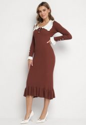 Ciemnobrązowa Dzianinowa Sukienka Retro z Wiskozą z Kołnierzykiem i Falbanami Hanlira. Brązowe sukienki damskie Born2be, na co dzień, m, bez wzorów, z dzianiny, eleganckie, bez kołnierzyka, bez ramiączek, midi, ołówkowe. Za 149.99 zł.