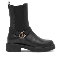 Sztyblety Eva Minge. Czarne botki damskie Eva Minge, bez wzorów, bez obcasa, na płaskiej podeszwie, bez zapięcia. Za 234.99 zł.