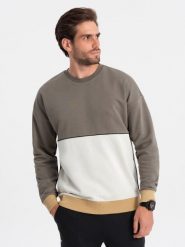 Bluza męska OVERSIZE z kontrastowym łączeniem kolorów - khaki V7 OM-SSNZ-0130 - XXL. Brązowe bluzy męskie Ombre Clothing, l, z aplikacjami, z bawełny, bez ramiączek, bez kaptura. W wyprzedaży za 49.99 zł.