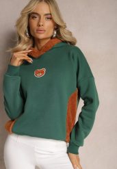 Zielona Bluza z Bawełny z Ozdobną Naszywką z Misiem i Polarowym Kapturem Hecatia. Zielone bluzy damskie Renee, z aplikacjami, z bawełny, casualowe, bez ramiączek, z kapturem. Za 99.99 zł.