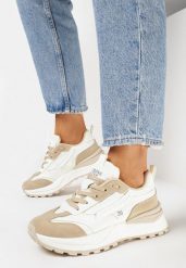 Beżowe Sznurowane Sneakersy z Ozdobnymi Wstawkami i Numerkiem Nelocca. Brązowe obuwie sportowe damskie Born2be, bez wzorów, bez zapięcia. Za 99.99 zł.