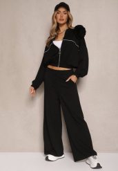 Czarny Komplet Dresowy z Wiskozą Spodnie o Szerokim Kroju i Bluza z Broszką Redaella. Czarne bluzy damskie Renee, z aplikacjami, z dresówki, casualowe, bez ramiączek, bez kaptura. Za 179.99 zł.