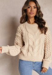 Beżowy Sweter z Wełną i Bawełną w Warkoczykowy Splot Kestina. Brązowe swetry nierozpinane damskie Renee, m, z aplikacjami, z bawełny, casualowe, bez kołnierzyka, bez ramiączek. Za 84.99 zł.