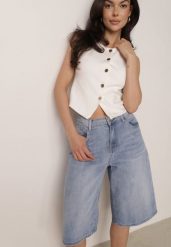 Niebieskie Jeansowe Szorty z Bawełny w Stylu Bermudów z Szerokimi Nogawkami Neamemenis. Niebieskie szorty damskie Born2be, bez wzorów, z bawełny, eleganckie, plus size. Za 89.99 zł.