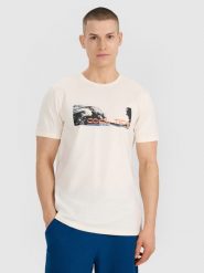 4F T-shirt regular z nadrukiem męski - biały L. Białe t-shirty męskie 4F, l, bez wzorów, z bawełny, bez kołnierzyka, bez ramiączek. Za 59.99 zł.