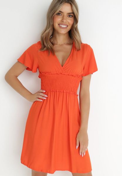 Pomarańczowa Sukienka z Wiskozy Gulpari. Brązowe sukienki damskie Born2be, na lato, l, bez wzorów, z wiskozy, bez kołnierzyka, bez ramiączek, mini, rozkloszowane. Za 69.99 zł.