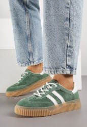 Zielone Skórzane Sneakersy Klasyczne Tenisówki z Zamszu Naturalnego Teniresela. Zielone trampki i tenisówki damskie Born2be, bez wzorów, z materiału, bez zapięcia. Za 209.99 zł.