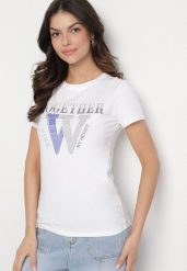 Biały T-shirt z Bawełny Ozdobiony Napisem i Cyrkoniami Raltebis. Białe t-shirty damskie Born2be, m, bez wzorów, z bawełny, klasyczne, bez kołnierzyka, bez ramiączek. Za 34.99 zł.