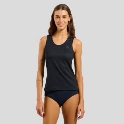 Koszulka tech. damska Odlo BL TOP crew neck singlet ACTIVE F-DRY LI. Czarne topy damskie ODLO, bez wzorów, bez kołnierzyka, bez ramiączek. Za 169.99 zł.