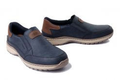 RIEKER 03365-14 blue combination, półbuty męskie. Niebieskie półbuty męskie Rieker, bez wzorów, bez obcasa, bez zapięcia. Za 339.90 zł.