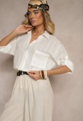Biała Koszula w Paski z Bawełny z Jedną Kieszonką Liasene. Białe koszule damskie Renee, m, bez wzorów, z bawełny, eleganckie, bez kołnierzyka, bez ramiączek. Za 59.99 zł.