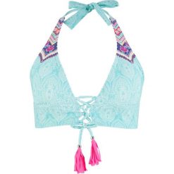 Biustonosz bikini z trójkątnymi miseczkami bonprix turkusowo-biały z nadrukiem. Niebieskie bikini bonprix, bez wzorów. Za 59.99 zł.