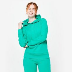 Bluza z kapturem damska Domyos Gym & Pilates. Zielone bluzy damskie DOMYOS, m, bez wzorów, z bawełny, sportowe, bez ramiączek, z kapturem. Za 99.99 zł.
