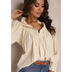 Beżowa Koszula Oversize z Bawełny Endona. Brązowe koszule damskie Renee, m, z aplikacjami, z bawełny, eleganckie, bez kołnierzyka, bez ramiączek. Za 139.99 zł.