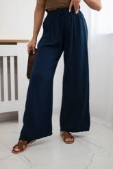 Spodnie muślinowe z szeroką nogawką granatowe. Spodnie materiałowe damskie KESI, na lato, bez wzorów, z bawełny, biznesowe, plus size. Za 150.52 zł.