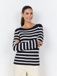 Soyaconcept® sweter z dzianiny - Dollie Kobiety Sztuczne włókno biały|niebieski, XXL. Białe swetry nierozpinane damskie xxl, bez wzorów, z dzianiny, bez kołnierzyka, bez ramiączek. Za 139.95 zł.