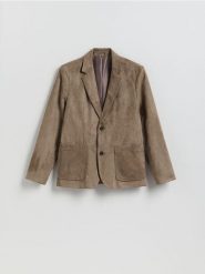 Marynarka regular fit z imitacji zamszu - ciemnozielony. Zielone garnitury męskie Reserved, l, bez wzorów. Za 199.99 zł.