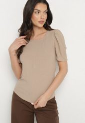 Ciemnobeżowy Prążkowany T-shirt z Zakładkami przy Rękawach Kolanovia. Brązowe t-shirty damskie Born2be, l, bez wzorów, z jeansu, bez kołnierzyka, bez ramiączek. Za 34.99 zł.