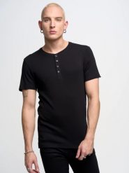 Koszulka męska z prążkowanej dzianiny czarna Basicag 906. Czarne t-shirty męskie BIG STAR, l, bez wzorów, z bawełny, bez kołnierzyka, bez ramiączek. Za 99.99 zł.