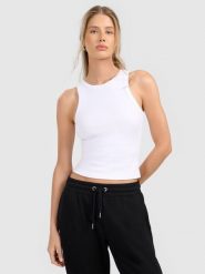 4F Top slim z prążkowanej dzianiny damski - biały S. Białe topy damskie 4F, l, bez wzorów, z dzianiny, bez kołnierzyka, bez ramiączek. Za 49.99 zł.