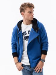 Bluza męska rozpinana z kapturem - niebieska B297 - XXL. Niebieskie bluzy męskie Ombre Clothing, l, bez wzorów, z bawełny, z kapturem. W wyprzedaży za 119.99 zł.