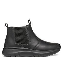 Sztyblety Geox. Czarne botki damskie Geox, bez wzorów, bez obcasa, na płaskiej podeszwie, bez zapięcia. Za 499.99 zł.