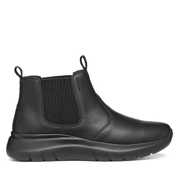 Sztyblety Geox. Czarne botki damskie Geox, bez wzorów, bez obcasa, na płaskiej podeszwie, bez zapięcia. Za 499.99 zł.