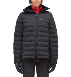 Kurtka Damska Turystyczna Puchowa Spitz Down Hood Women True Black. Czarne kurtki sportowe damskie Haglöfs, l, bez wzorów, z puchu, bez ramiączek, z kapturem, trekkingowe. Za 599.00 zł.