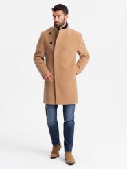 Męski płaszcz z asymetrycznym zapięciem i wysokim kołnierzem – jasnobrązowy V4 OM-COWC-0120 - XXL. Brązowe płaszcze męskie Ombre Clothing, l, z aplikacjami, z materiału, eleganckie, z asymetrycznym kołnierzem, bez kaptura. Za 311.99 zł.