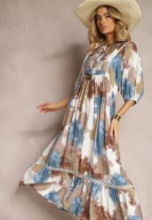 Ciemnobeżowa Sukienka w Stylu Boho z Krótkim Rękawem z Falbanką i Rękawem 3/4 Valendra. Białe sukienki damskie Renee, na co dzień, na lato, l, bez wzorów, boho, bez kołnierzyka, plus size, bez ramiączek, maxi. Za 89.99 zł.
