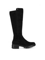 Rieker Kozaki 76890-00 Czarny. Czarne kozaki damskie Rieker, bez wzorów, z materiału, bez obcasa, na słupku, bez zapięcia. Za 311.00 zł.