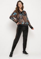 Czarno-Beżowy Welurowy Komplet Dresowy w Panterkę Bluza i Spodnie z Lampasami oraz Gumką w Pasie Ivalethe. Czarne bluzy damskie Born2be, bez wzorów, z dresówki, bez ramiączek, bez kaptura. Za 109.99 zł.