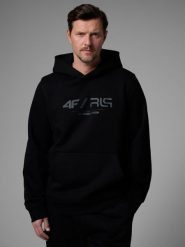 4F Bluza dresowa regular z kapturem męska 4F x Robert Lewandowski - czarna M. Czarne bluzy sportowe męskie 4F, m, bez wzorów, z bawełny, z kapturem, na fitness i siłownię. Za 199.99 zł.