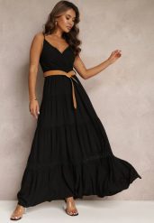 Czarna Sukienka z Paskiem Asoonice. Czarne sukienki damskie Renee, na lato, l, z aplikacjami, z koronki, boho, bez kołnierzyka, bez ramiączek, maxi, kopertowe. Za 99.99 zł.