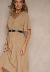 Ciemnobeżowa Rozkloszowana Sukienka z Bawełnianej Tkaniny Lirioneae. Brązowe sukienki damskie Renee, na co dzień, l, bez wzorów, z bawełny, eleganckie, bez kołnierzyka, bez ramiączek, midi, rozkloszowane. Za 49.99 zł.
