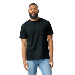 Koszulka CVC Dla Dorosłych Unisex. Czarne bluzki damskie GILDAN, bez wzorów, sportowe, bez kołnierzyka, bez ramiączek. Za 42.99 zł.