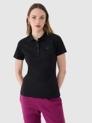 4F Koszulka polo slim damska - czarna XS. Czarne bluzki damskie 4F, xs, bez wzorów, z bawełny, klasyczne, bez kołnierzyka, bez ramiączek. Za 89.99 zł.