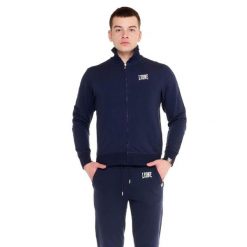 Bluza z zamek błyskawiczny na siłownia na czas wolny. Niebieskie bluzy męskie LEONE 1947 APPAREL, bez wzorów, z bawełny, sportowe, bez ramiączek, bez kaptura. W wyprzedaży za 151.56 zł.